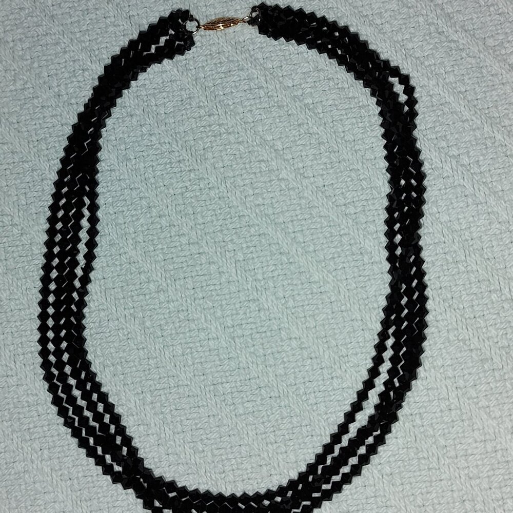 SWAROVSKI CRYSTAL BLACK 4-STRAND TWIST NECKLACE 14K GOLD FISHHOOK CLASP APX 16"L